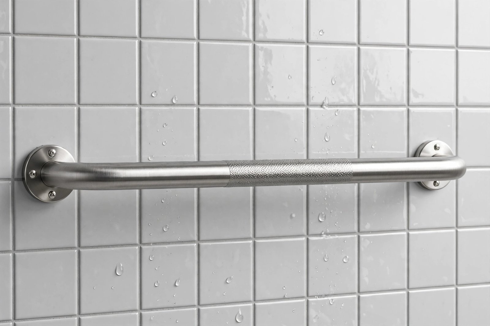 Vive stainless steel grab bar with a textured, non-slip grip surface, mounted on a tiled shower wall