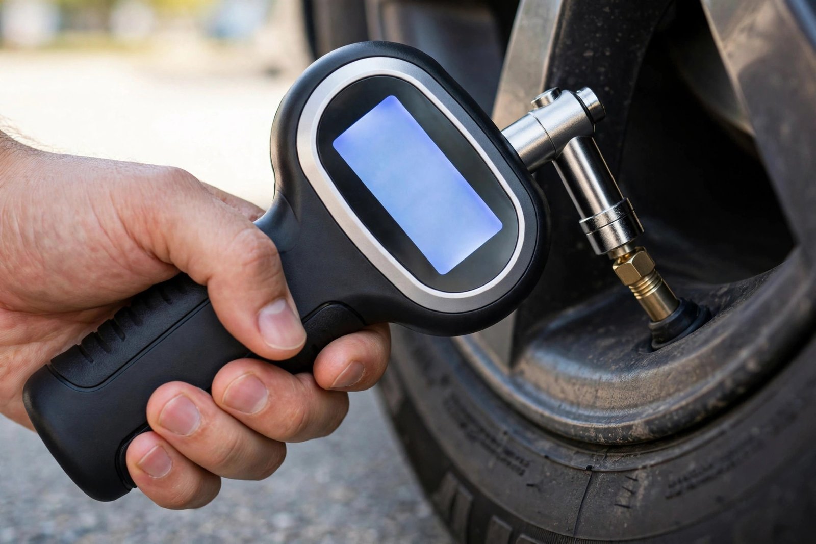 Digital tire pressure gauge with backlit display held against a car tire valve stem
