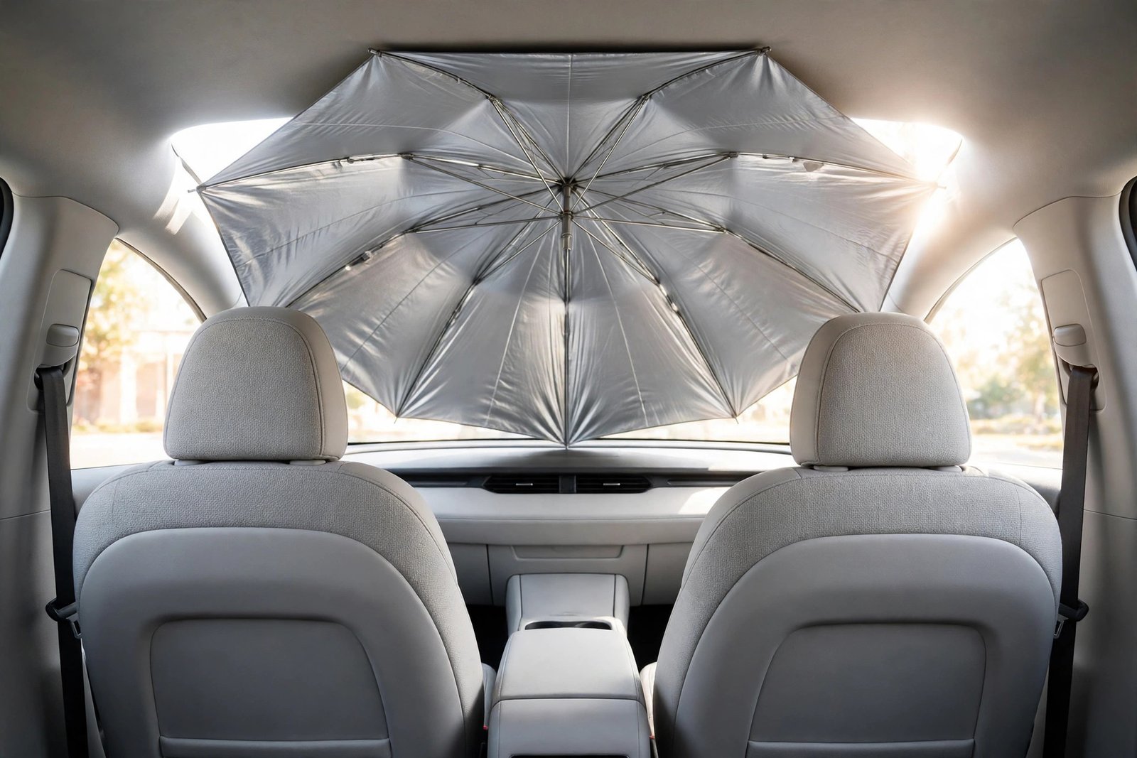 Windshield sun shade umbrella opened across the inside of a car windshield blocking sunlight