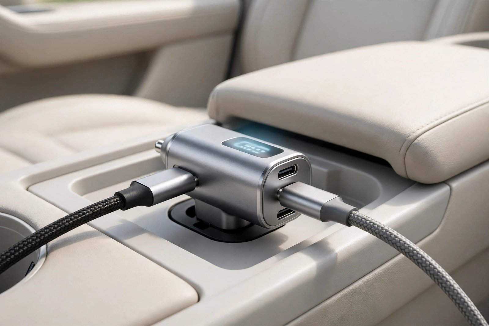Dual USB-C fast car charger with voltage display plugged into a car power socket with charging cables