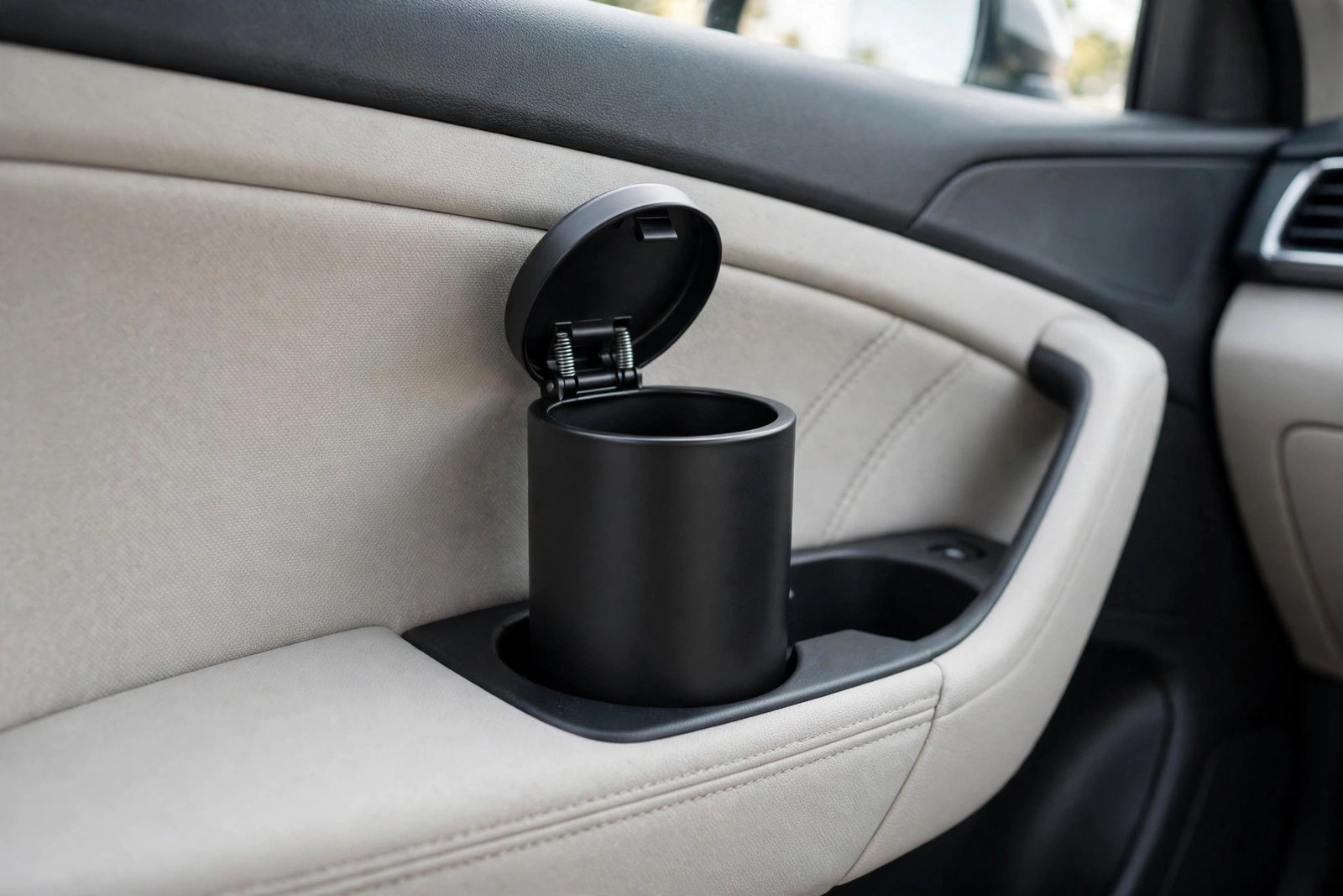 Mini car trash can with lid sitting in a car door pocket
