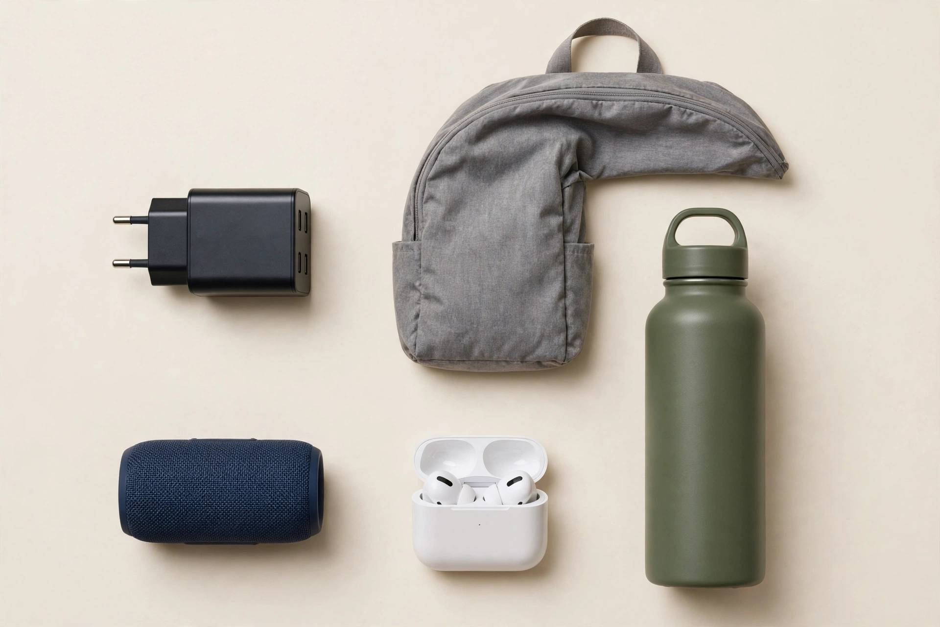 Everyday gadgets flat lay with a fast charger, power bank, wireless charging pad, water bottle and electric kettle