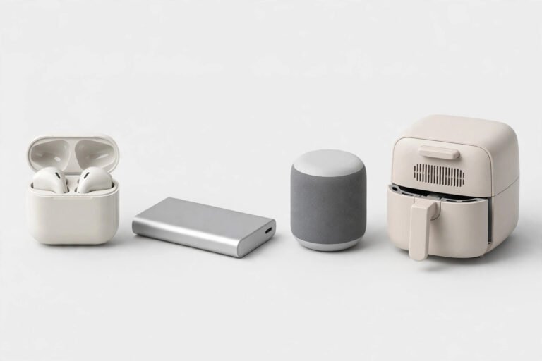 Assorted everyday gadgets including wireless earbuds, a power bank, a smart speaker and a compact air fryer on a light background