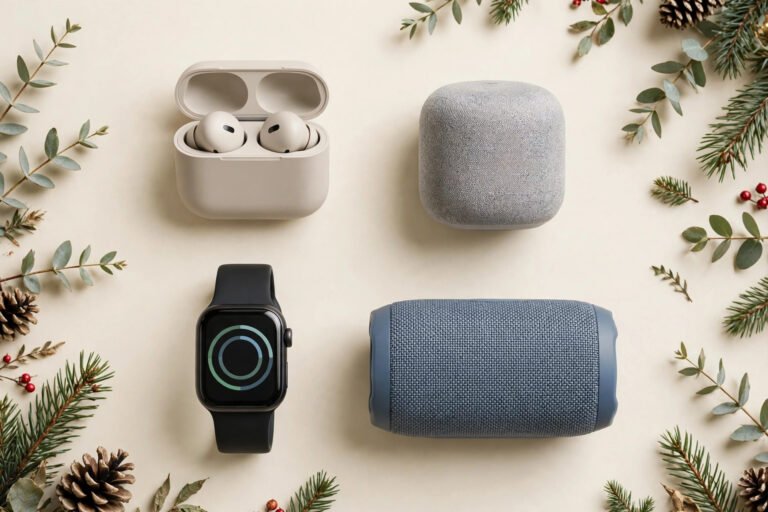 Festive flat-lay assortment of generic gadgets including wireless earbuds, a small smart speaker, a smartwatch and a portable speaker on a plain light background with subtle festive greenery