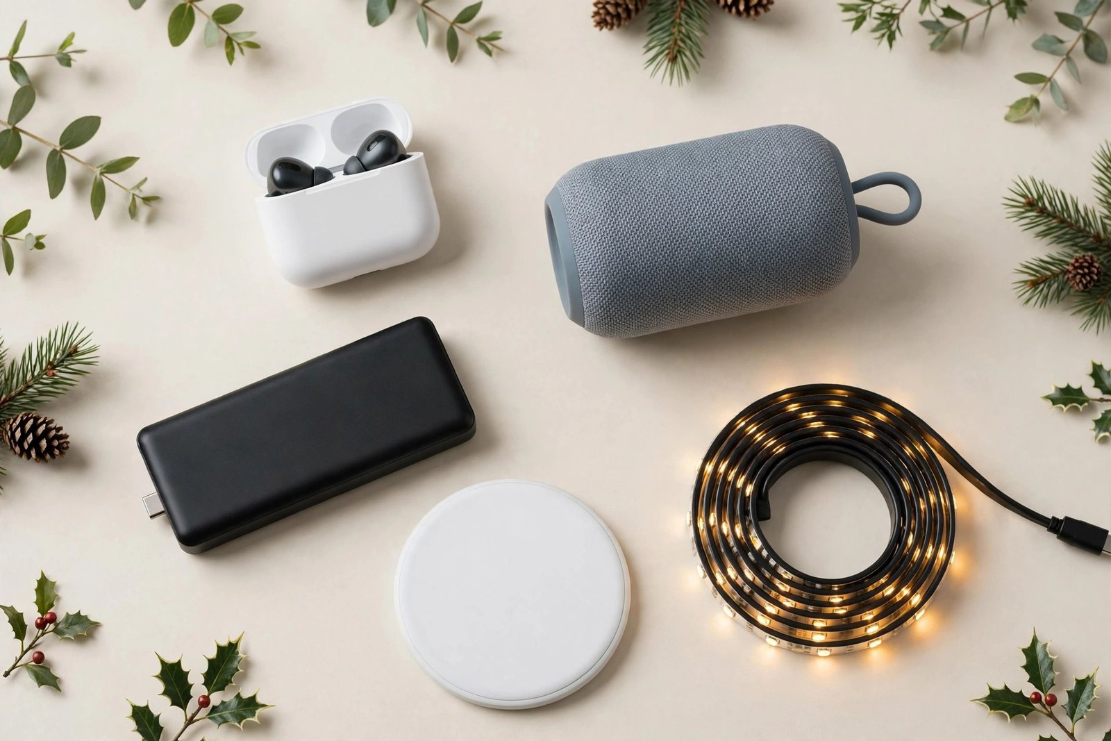 Festive flat-lay assortment of small budget tech gifts including wireless earbuds, a portable speaker, a power bank, a charging pad and a light strip on a plain light background with subtle festive greenery
