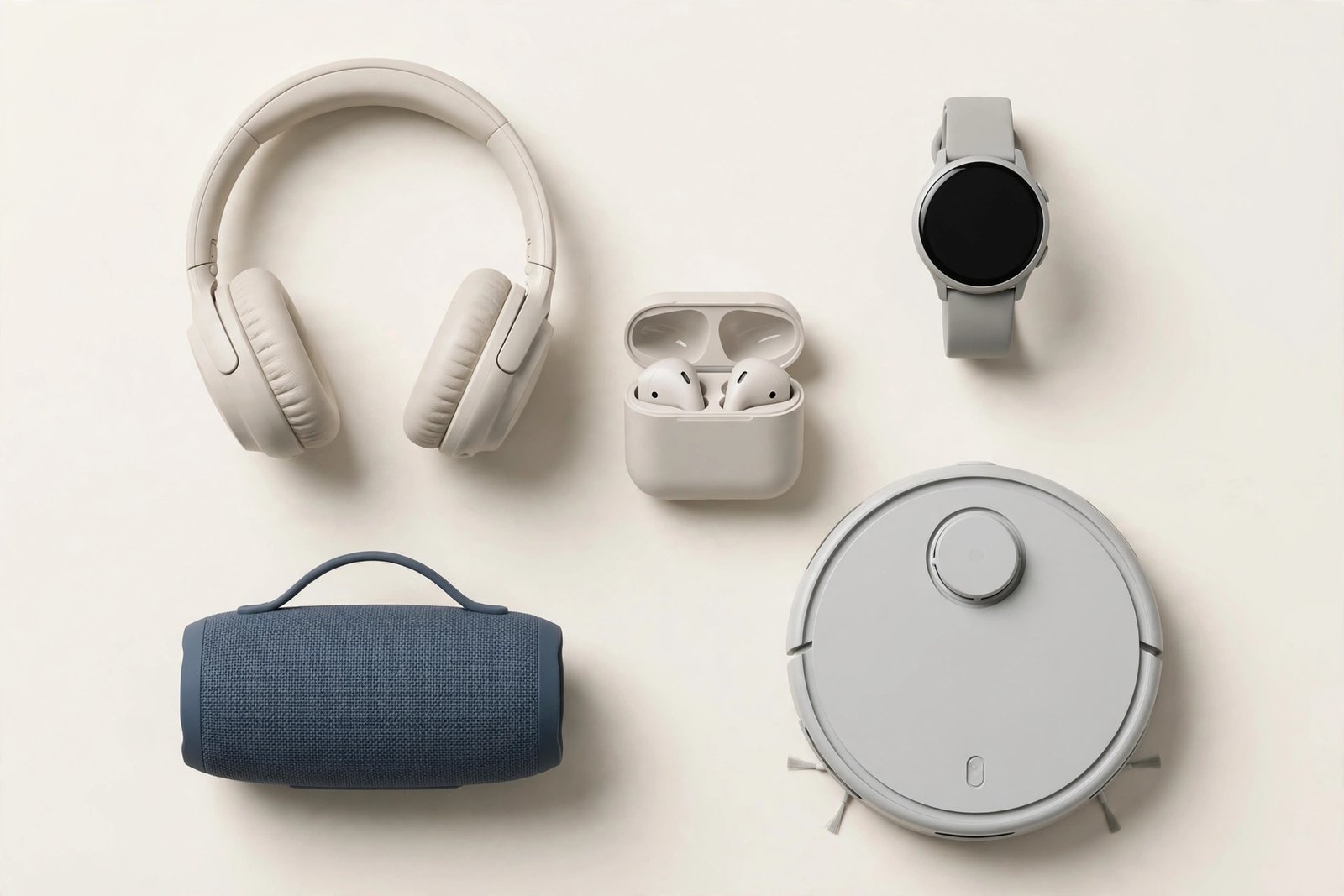 Early Black Friday gadget deals flat lay with headphones, a smartwatch, wireless earbuds, a portable speaker and a robot vacuum