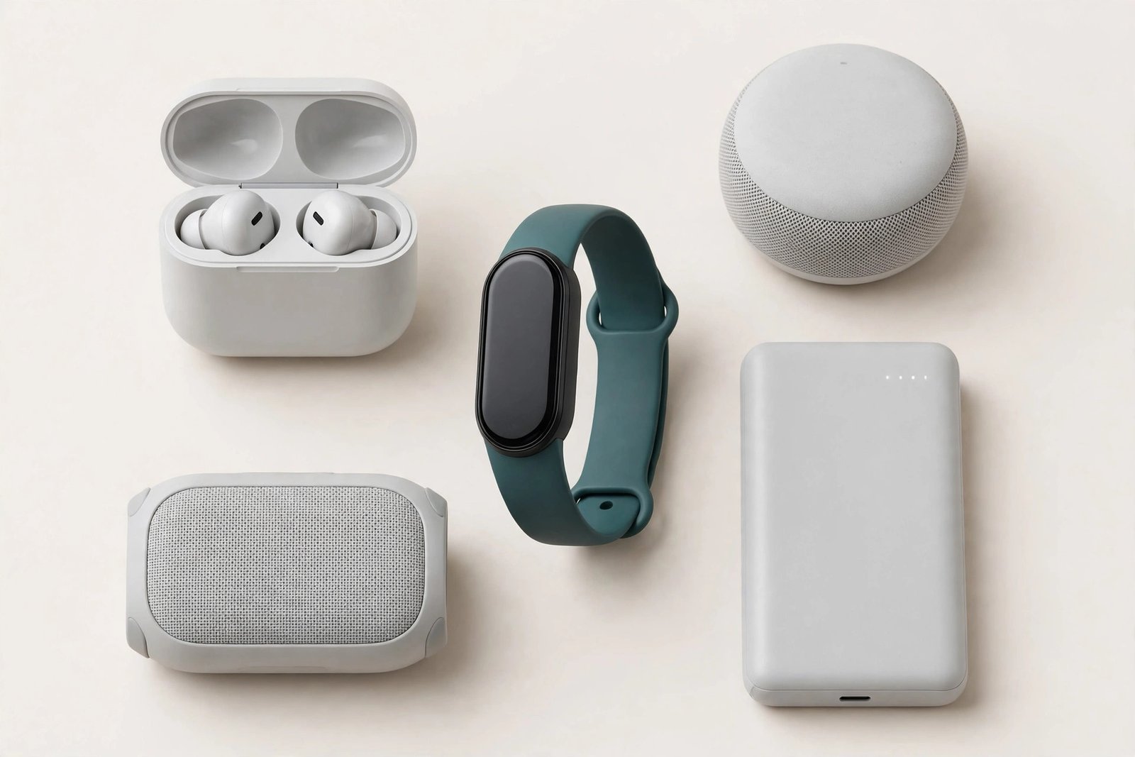 Black Friday gadget deals under $100 flat lay with wireless earbuds, a smart speaker, a fitness tracker and a mini projector