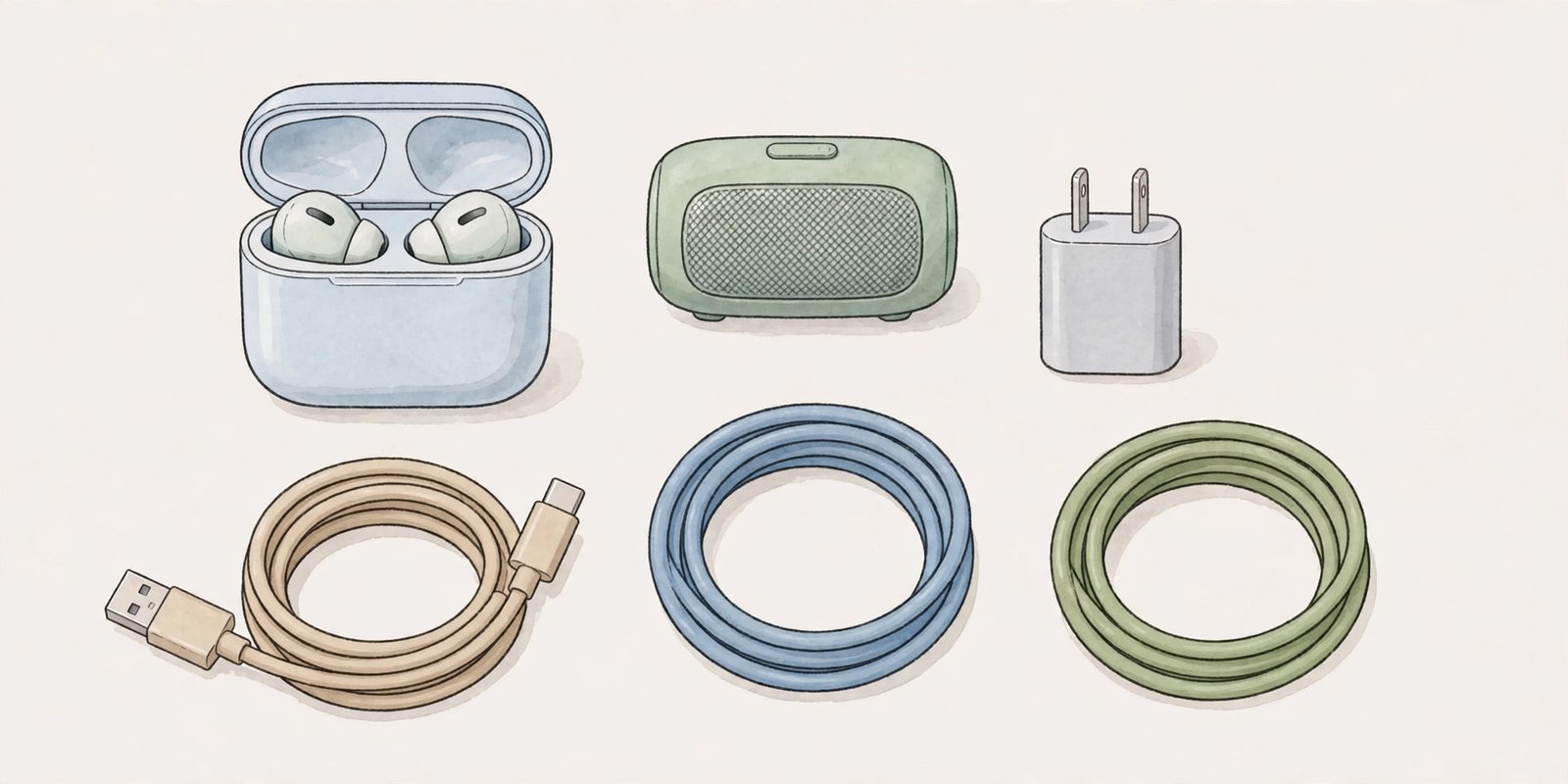 Collection of budget tech gadgets for Black Friday under $50, including wireless earbuds, a portable speaker, a charger and cables on a light background