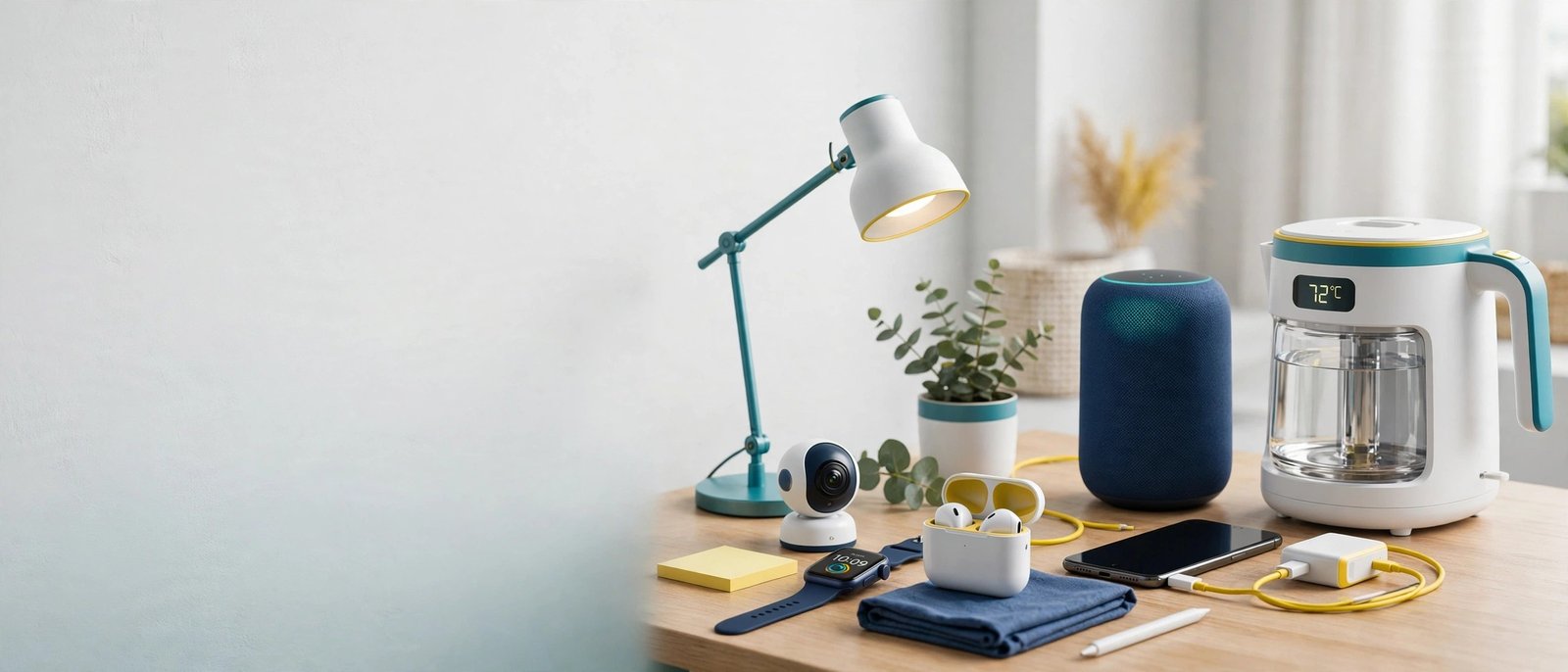 Everyday smart gadgets on a desk — smart speaker, smart kettle, desk lamp, earbuds, smartwatch, security camera and fast charger
